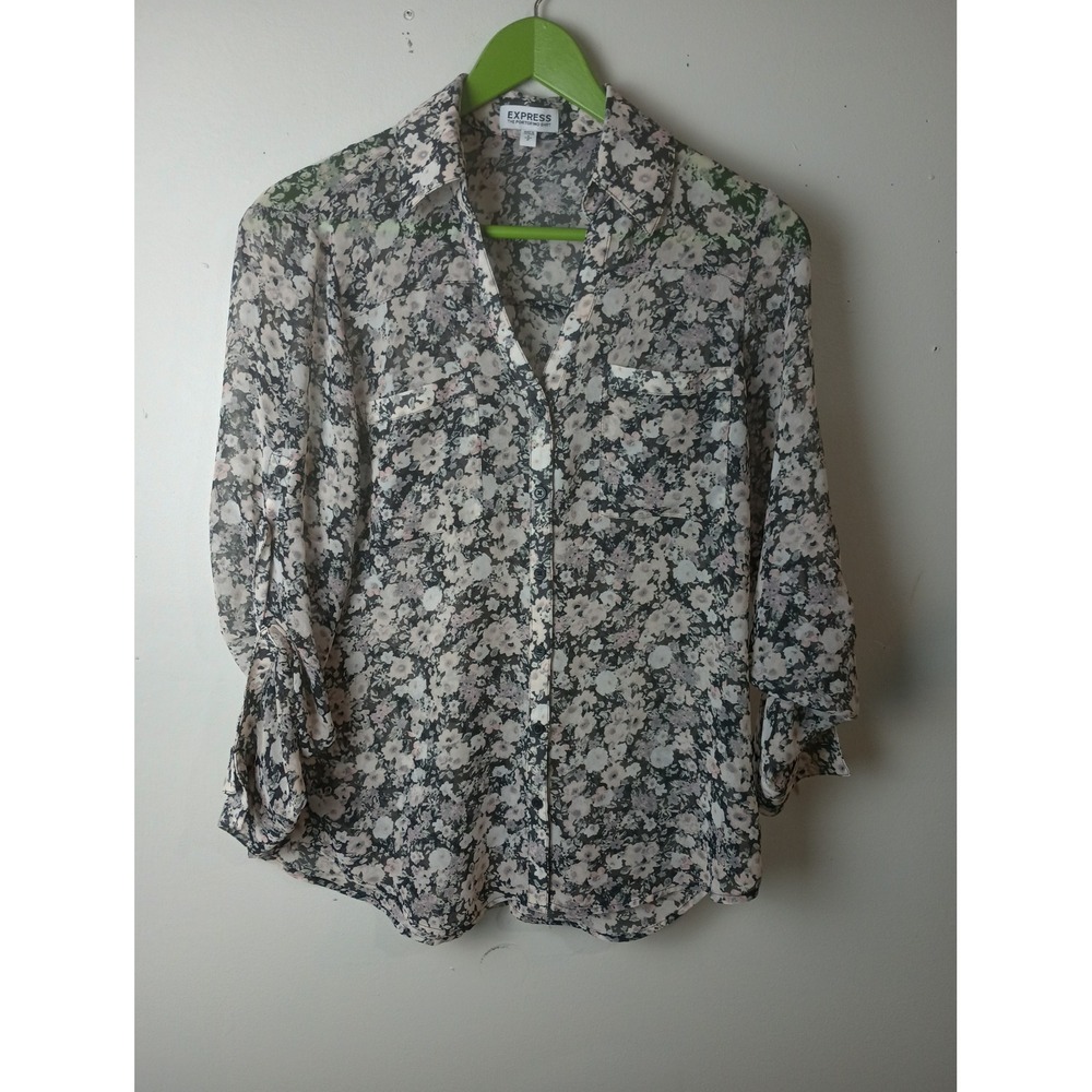 Express The Portofino Shirt Womens Small Floral Chiffon Button Down Roll Sleeve